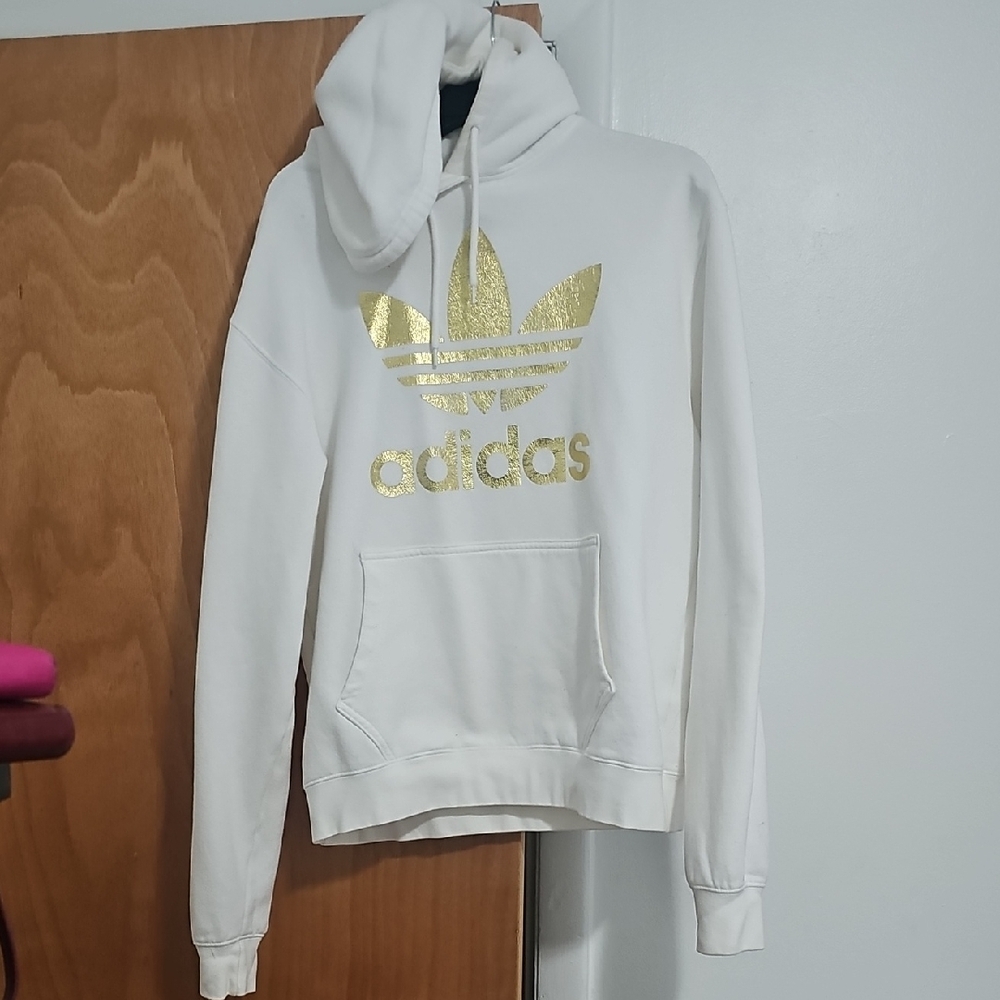 Adidas White Hoodie with Metallic Gold Accent